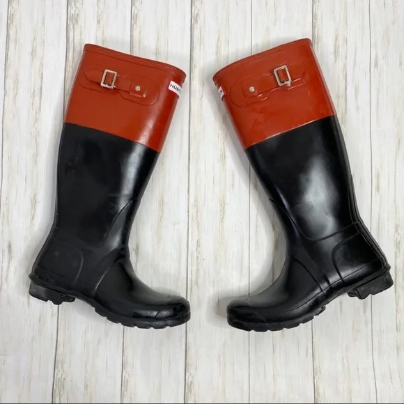 Hunter Orange Red and Black Color Block Rubber Rain Boots - Picture 2 of 11